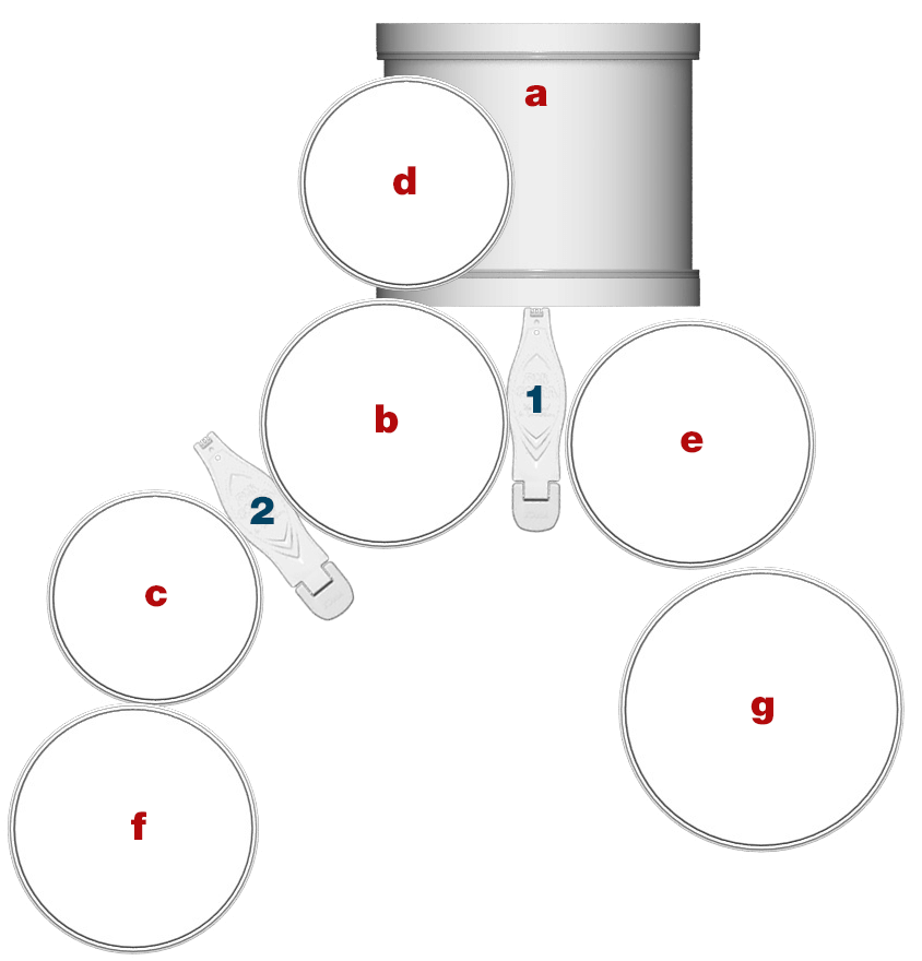 a: 18"x14" Bass Drum Snare drum is in the center, in front of the drummer. b: 14"x5" STAR Reserve Maple Snare drum is to the left of the drummer. c. 12"x5" STAR Bubinga Snare drum is to the left of the drummer. d. 12"x8" Tom Tom is in front of the drummer, above the bass drum. e.14"x7" STAR Bubinga Snare is on the drummer's right side. f.14"x12" Floor Tom is on the drummer's left side. g.16"x14" Floor Tom is on the drummer's right side. Iron Coba Power Glide Drum Pedal (HP900PN) Iron Cobra Lever Glide Hi-Hat Stand (HH905N) 1st Chair Glide Rider HYDRAULIX "Cloth Top" (HT550BCN) STAR Snare Stand (HS100W) STAR Single Tom Stand (HTS108W)